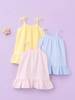 Kidbea - Girls Multi-Color Cotton Tie-Up Straps Casual Dress