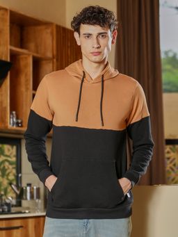Campus Sutra - Mens Tan Brown and Onyx Black Block Pullover Hoodie