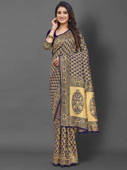 Akhilam - Women Silk Blend Navy Blue Celebrity Saree with Unstitched Blouse