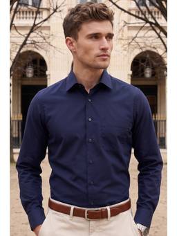 Louis Philippe - Men Navy Blue Solid/Plain Cotton Shirt