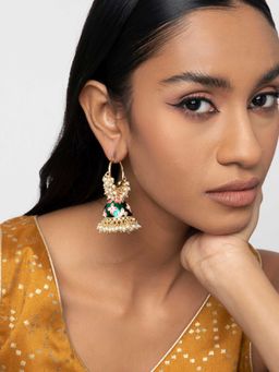 Indya - Gold Green Enamel Beaded Hoop Jhumka Earrings