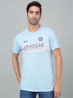 Cantabil - Men Sky Blue Typography Crew Neck Half Sleeve T-Shirt