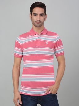 Cantabil - Men Pink Striped Polo Neck Half Sleeve T-Shirt