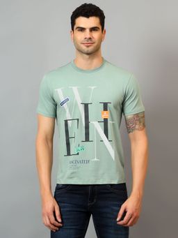 Cantabil - Men Light Green Printed Crew Neck Half Sleeve T-Shirt