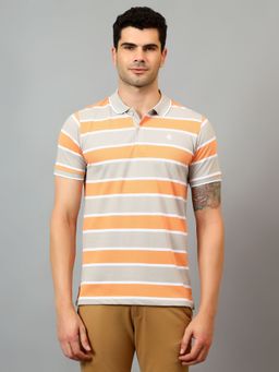 Cantabil - Men Peach Striped Polo Neck Half Sleeve T-Shirt