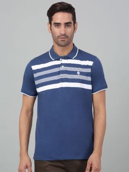 Cantabil - Men Blue Striped Polo Neck Half Sleeve T-Shirt
