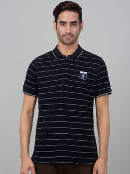 Cantabil - Men Navy Blue Striped Polo Neck Half Sleeve T-Shirt