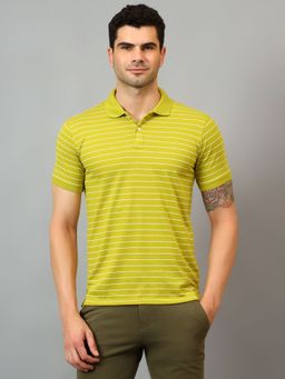 Cantabil - Men Green Striped Polo Neck Half Sleeve T-Shirt