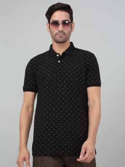 Cantabil - Men Black Printed Polo Neck Half Sleeve T-Shirt
