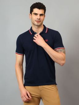 Cantabil - Men Navy Blue Solid Polo Neck Half Sleeve T-Shirt
