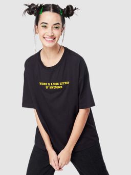 Bewakoof - Official Minions Women's Black Weird Is A Side Effect Typography Oversized T-shirt