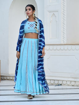 Mulmul - Miral Sky Blue & Blue Lehenga (Set of 3)