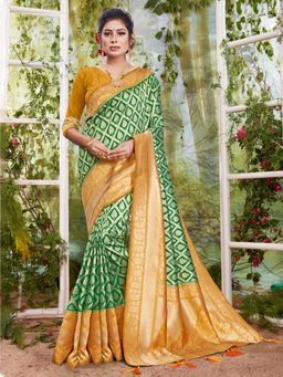 Sangam Prints - Green & Golden Silk Stonework Traditional Saree with Unstitched Blouse