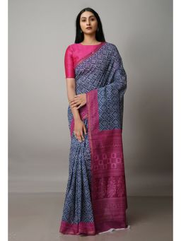 Unnati Silks - Navy Blue Screen Printed Chanderi Sico Saree with Unstitched Blouse