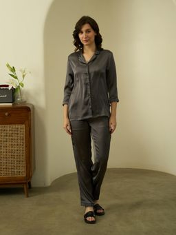 Bannos Swagger - Womens Satin Collar Shirt with Pyjama - Black