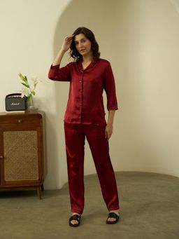 Bannos Swagger - Womens Satin Collar Shirt with Pyjama - Maroon