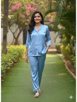 Bannos Swagger - Womens Satin Collar Shirt with Pyjama - Blue