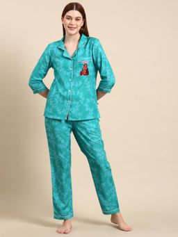 Bannos Swagger - Woman Leaf Green Back Printed Shirt and Pyjama