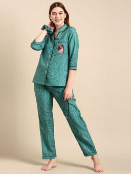 Bannos Swagger - Woman Dark Green Abstract Back Printed Shirt and Pyjama