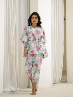 Clt.s - Green Cotton Floral Kaftan and Pant