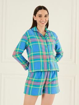 Sweet Dreams - Womens Checkered Printed Short and Shirt - Blue