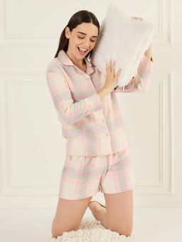Sweet Dreams - Womens Checkered Printed Short and Shirt - Cream