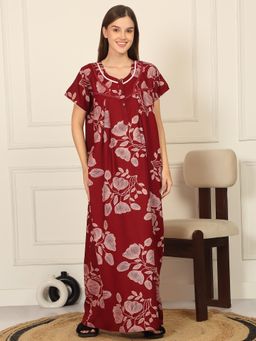 Sweet Dreams - Womens Floral Printed Full Length Night Dress - Maroon