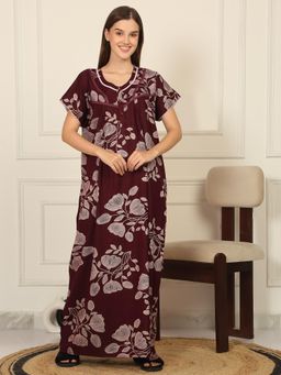 Sweet Dreams - Womens Floral Printed Full Length Night Dress - Wine