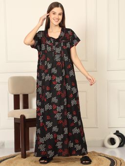 Sweet Dreams - Womens Floral Printed Full Length Night Dress - Black