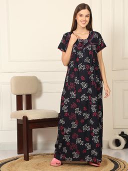 Sweet Dreams - Womens Floral Printed Full Length Night Dress - Black