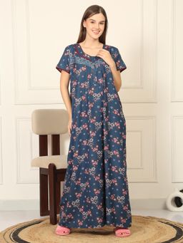 Sweet Dreams - Womens Floral Printed Full Length Night Dress - Blue
