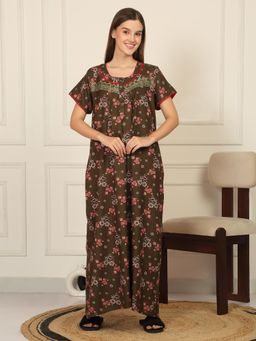 Sweet Dreams - Womens Floral Printed Full Length Night Dress - Olive