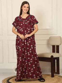 Sweet Dreams - Womens Floral Printed Full Length Night Dress - Wine