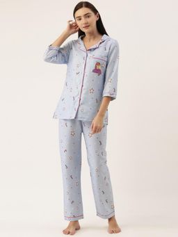 Bannos Swagger - Women Sky Blue Printed Shirt and Pyjama