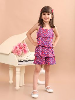 Superminis - Purple Cotton Printed Top and Shorts Bottom for Girls