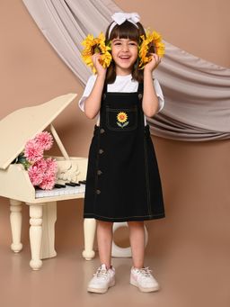 Superminis - Black Twill Denim Printed Dungree Dress with Embroidered Pocket for Girls