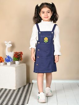 Superminis - Blue Twill Denim Printed Dungree Dress with Embroidered Pocket for Girls