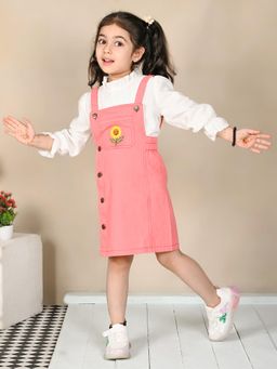 Superminis - Pink Twill Denim Printed Dungree Dress with Embroidered Pocket for Girls