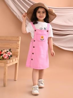 Superminis - Pink Twill Denim Printed Dungree Dress with Embroidered Pocket for Girls