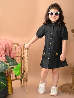 Superminis - Black Denim Frock Knee Length Dress with Pocket for Girls