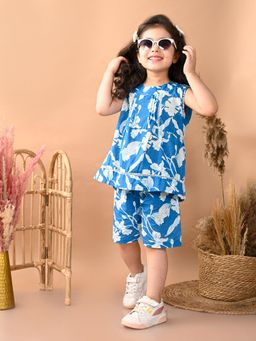 Superminis - Blue Cotton Floral Printed Co-Ord Set for Girls