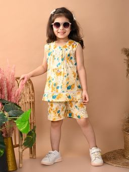 Superminis - Yellow Cotton Floral Printed Co-Ord Set for Girls