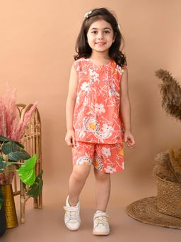 Superminis - Peach Cotton Floral Printed Co-Ord Set for Girls