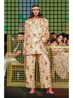 Nirmooha - 3D Hand Embroidered Oversized Blazer 3D Hand Embroidered Pants (Set of 2)