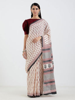 AUJJESSA - Mulmul Off White and Marron Handcrafted Saree without Blouse