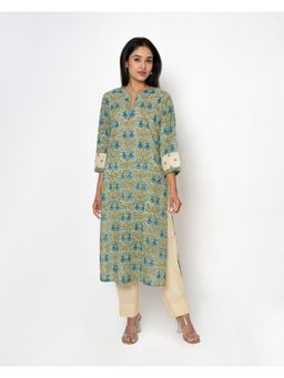 Kameez - Multi-Color Print Blue Cotton Kurta with Pant (Set of 2)