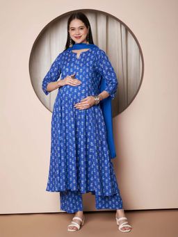 Secret Wish - Blue Floral Cotton Maternity Kurta with Pant and Dupatta