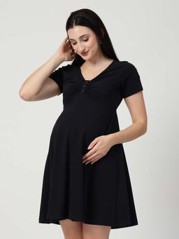 Zelena - Black Ruched Zipless Cotton Maternity Dress