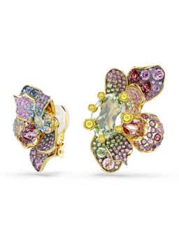 SWAROVSKI - Idyllia Clip Earrings, Asymmetrical Design, Mixed Cuts, Pave, Flower, Gold-Tone Plated