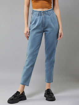 DOLCE CRUDO - Women's Blue Tapered Fit High Rise Clean Look Regular Stretchable Denim Jeans